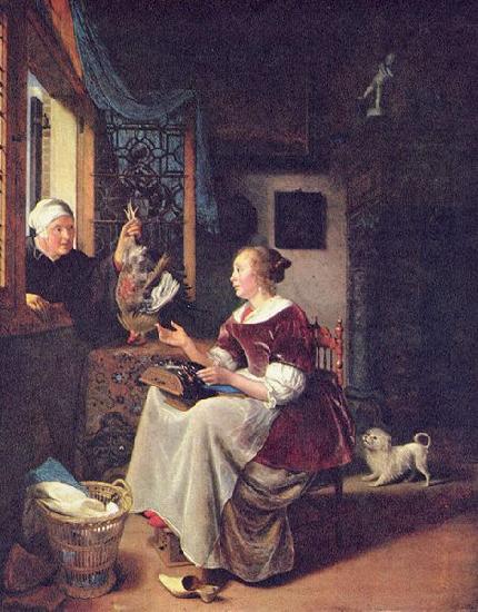 Pieter Cornelisz. van Slingelandt A young lacemaker is interrupted by a birdseller who offers her ware through the window oil painting picture